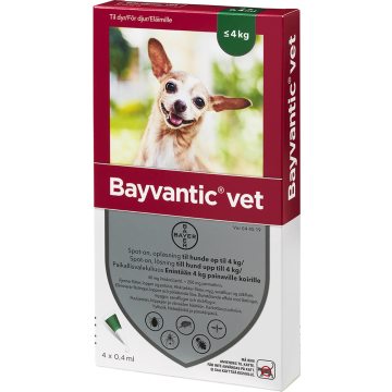 BAYVANTIC VET paikallisvaleluliuos 40/200 mg enintään 4 kg painaville koirille 4 x 0.4 ml